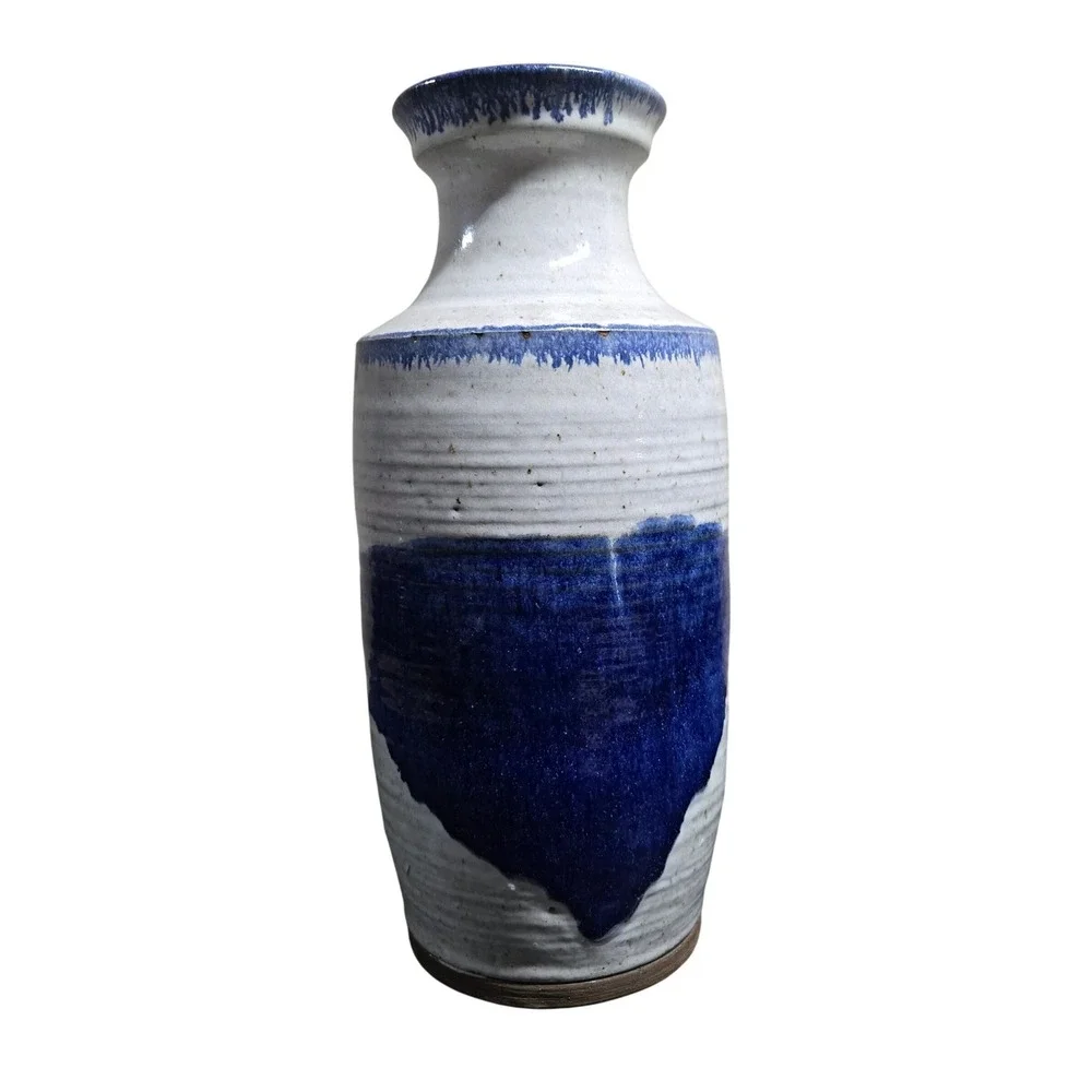 Studio Pottery Vase White Blue Ribbed Stoneware Handmade Decor 13